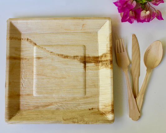 Bamboo Type palm leaf plate 10 Pic Square deep 10" - 30 pic utensils - disposable