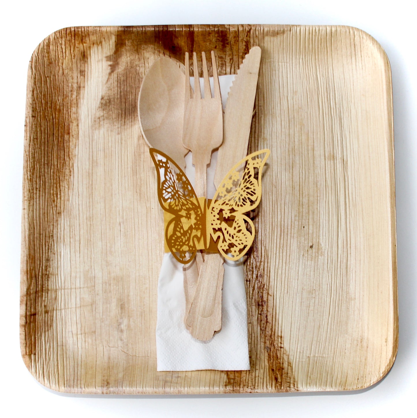 Decorative Plate Set - 10 Square Plates (9.5") + 10 3D Butterfly Decorations + 30 Wooden Utensils + 10 Napkins - 60pc - Biodegradable