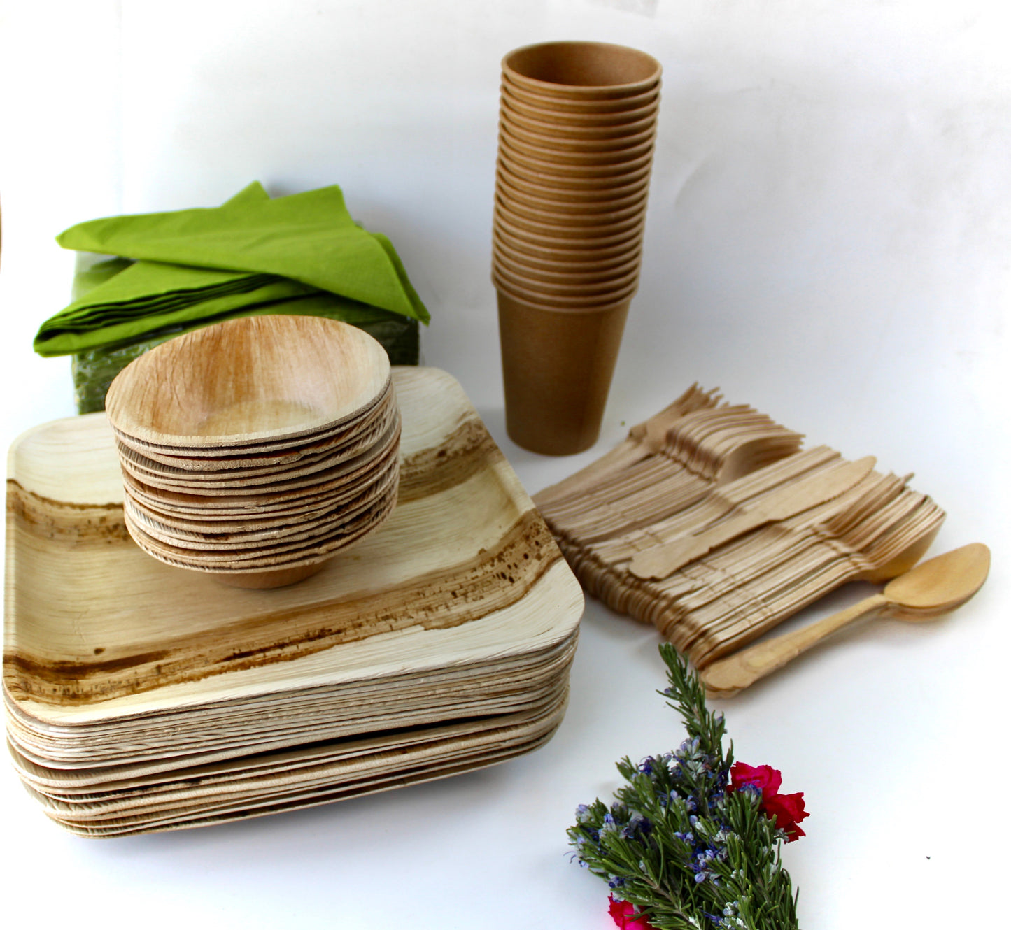 Complete Dining Set - 25 Square Plates (10") + 25 Deep Bowls (5") + 25 Cups + 75 Utensils + 50 Napkins - 200pc