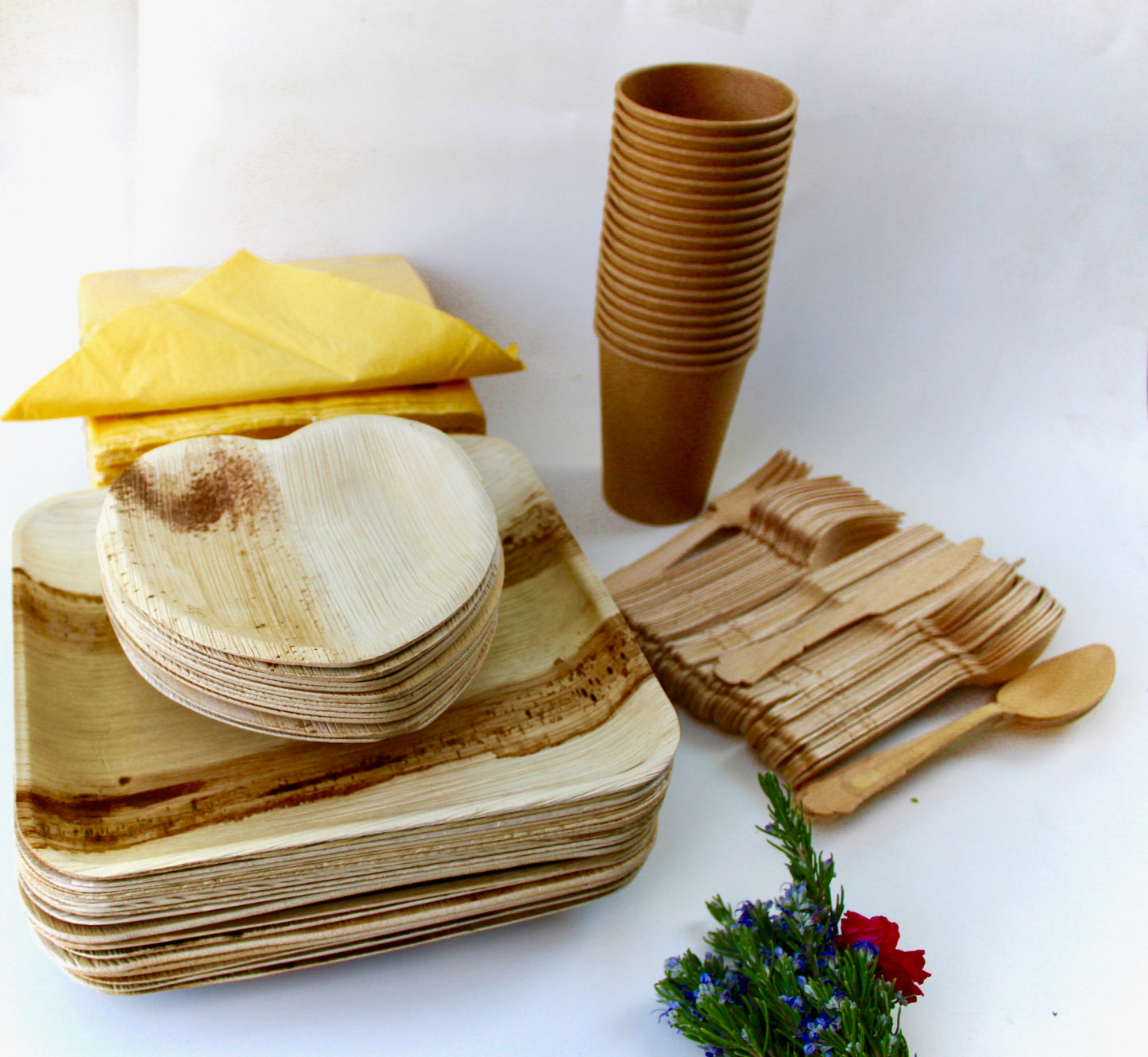 Bamboo Type Palm Leaf 25 Piece 10"Square - 25 Piece Heart 6"- 25 Piece Cup - 75 pic Cutlery - 50 Pic Napkin