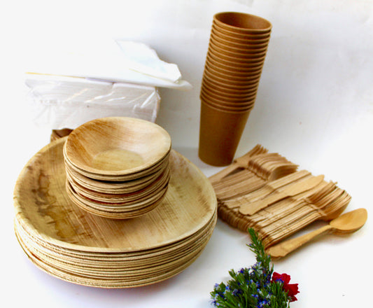 Complete Dining Set - 10 Round Plates (10") + 10 Round Plates (6") + 10 Square Bowls (5") + 10 Cups + 30 Wooden Utensils + 20 Napkins - 90pc - Biodegradable