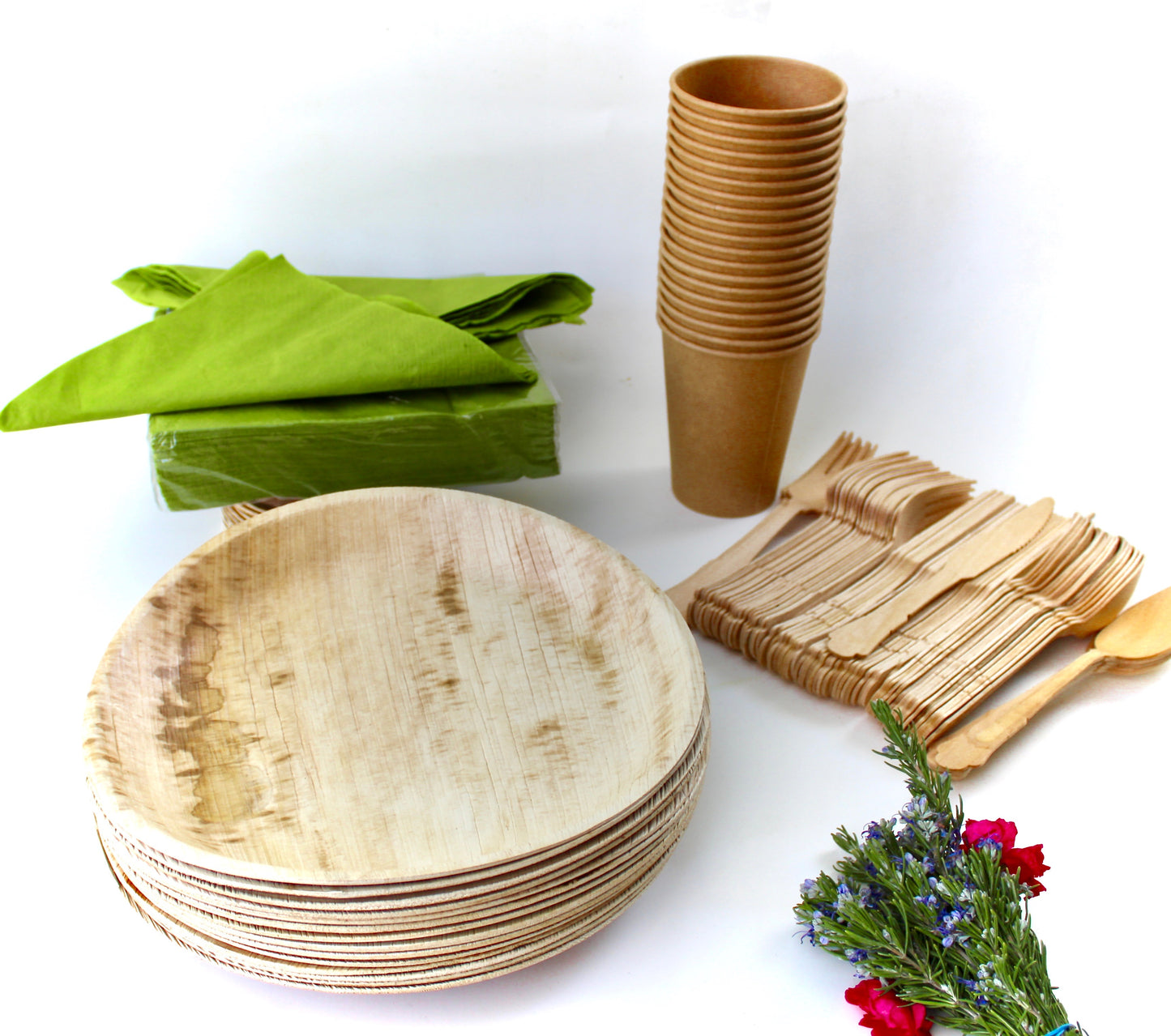 Complete Serving Set - 50 Round Plates (10") + 150 Wooden Utensils + 50 Cups - 250pc Total
