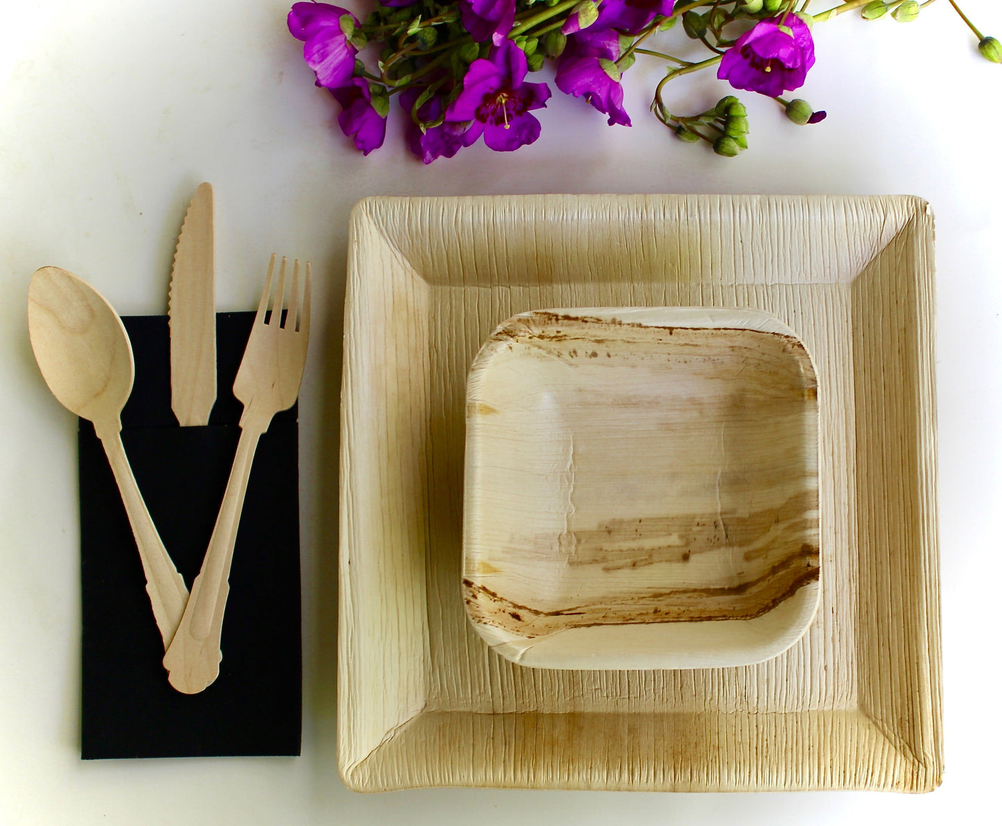 Bamboo Type Palm Leaf Plates 25 Piece 10" Square - 25 Piece 6" Square Bowl -75 Piece Cutlery
