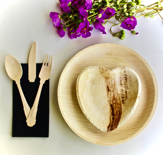 Bamboo Type palm leaf plate 25 pic 10" Round - 25  pic Haret- 75 pic Utensils 30 pic napkin