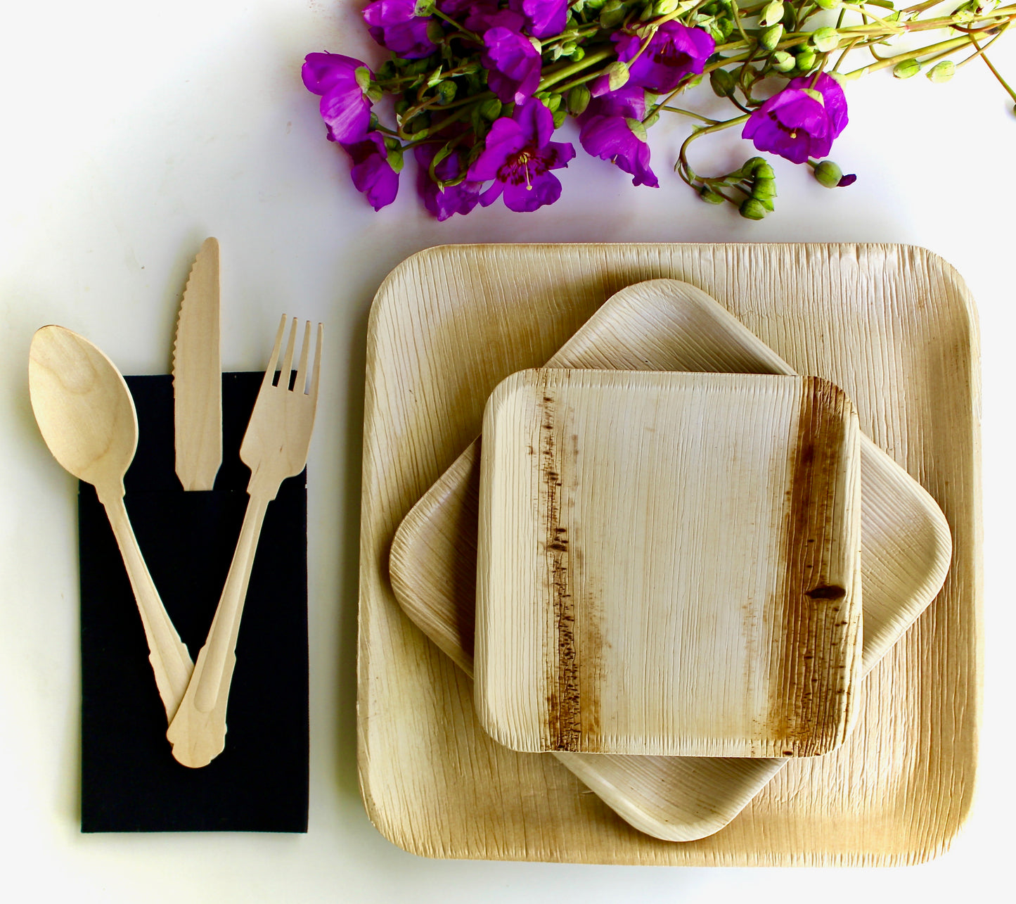 Three-Size Square Bundle - 10 Squares (9.5") + 10 Squares (7") + 10 Squares (6") + 30 Utensils + 50 Napkins - 110pc