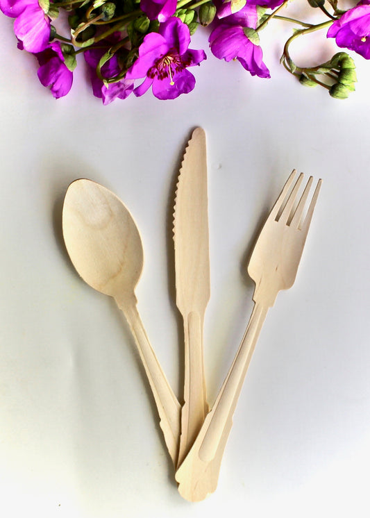 Wooden Birch Utensil Set - 75pc Total (25 Forks + 25 Knives + 25 Spoons) - Biodegradable