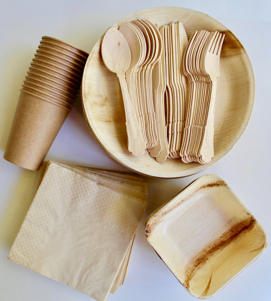 Complete Dining Set - 25 Round Plates (10") + 25 Deep Square Plates (6") + 25 Cups + 75 Utensils + 50 Napkins - 200pc