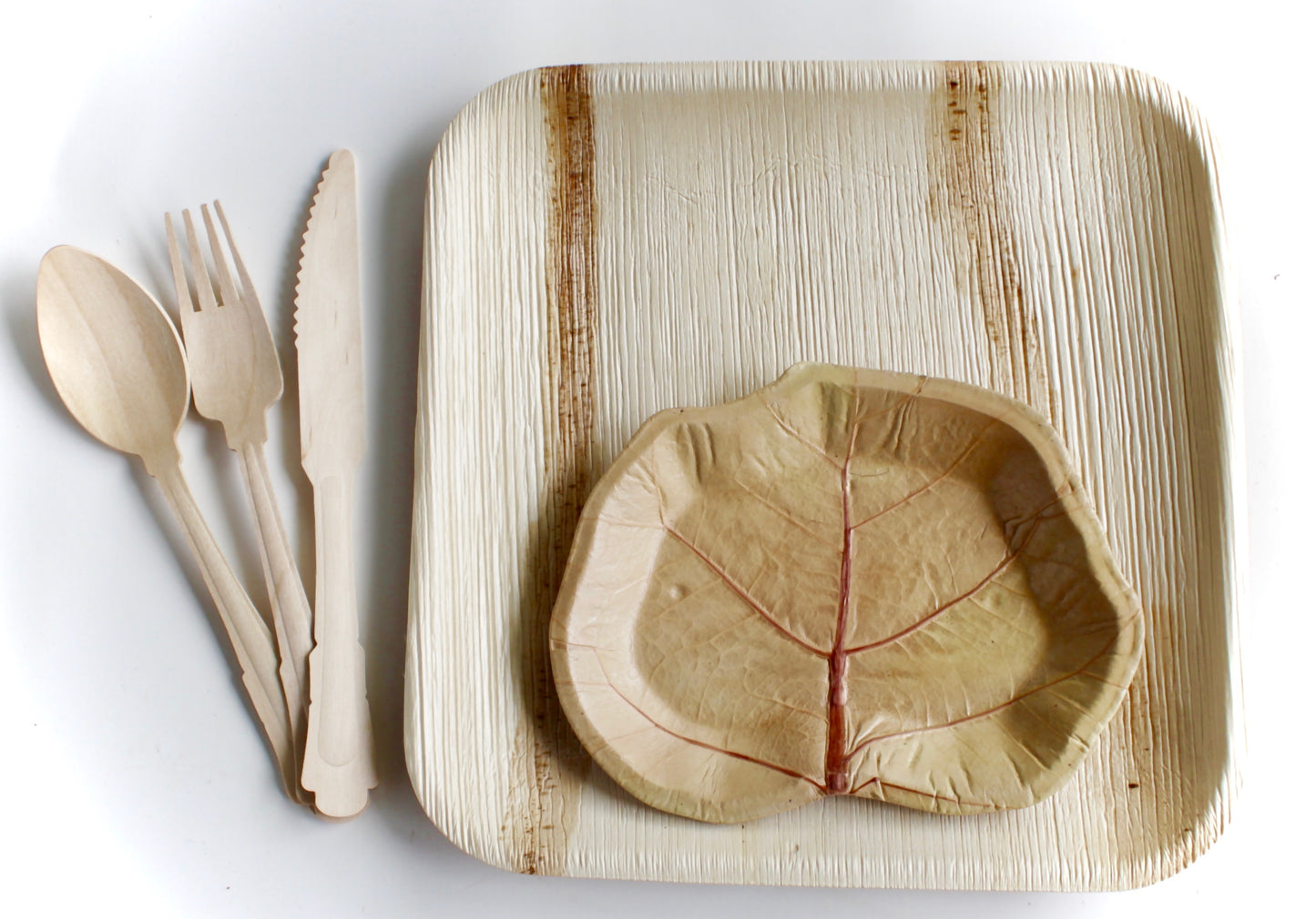 Large Event Bundle - 75 Palm Leaf Square Plates (10") + 75 Sea Grape Plates (7") + 225 Wooden Utensils - 375pc Total