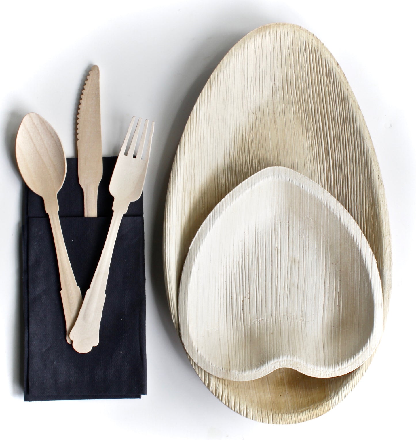 Mixed Shape Serving Set - 10 Oval Plates (12"x7") + 10 Heart Plates (6") + 30 Wooden Utensils + 20 Napkins - 70pc - Biodegradable
