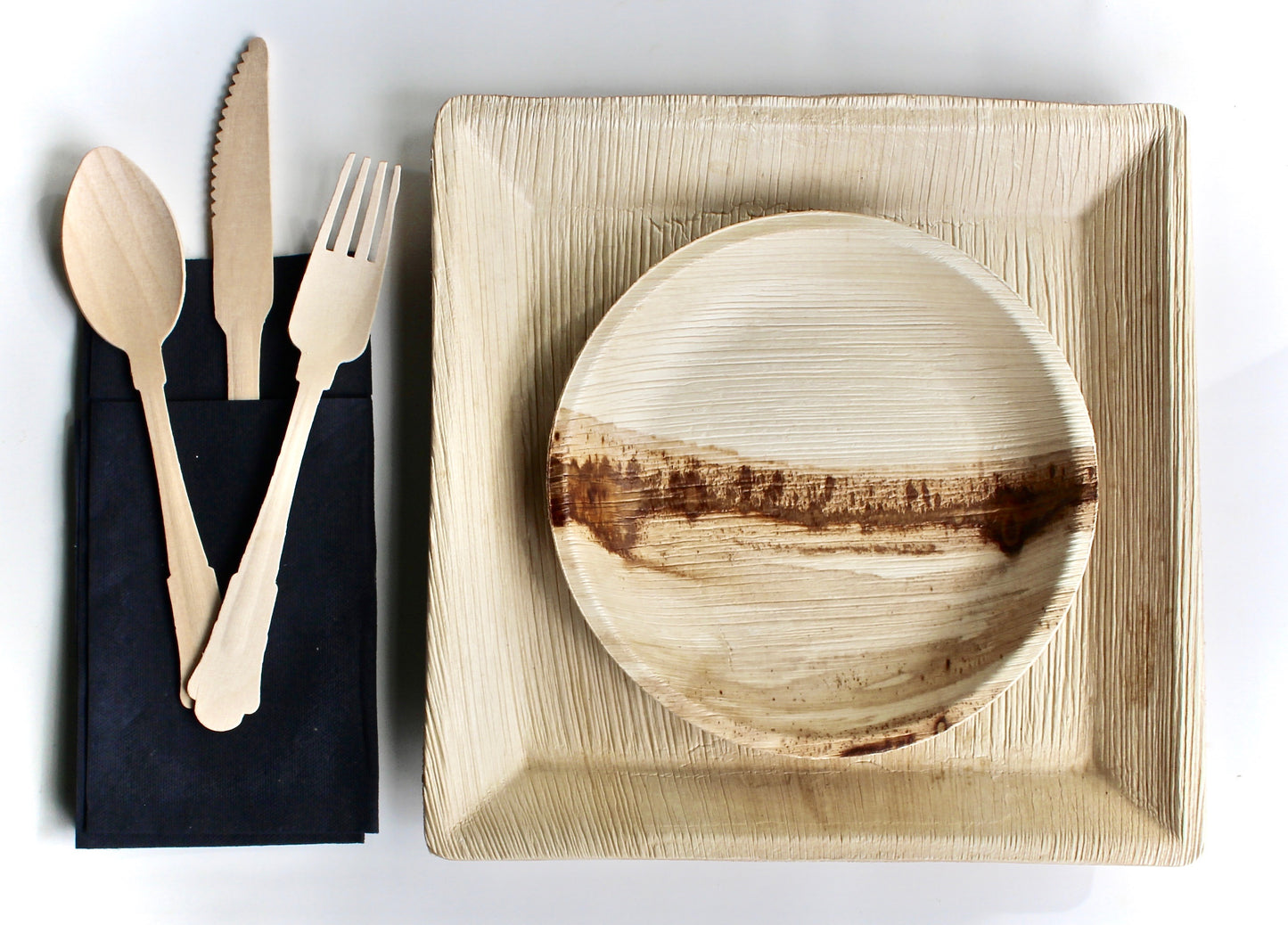 Mixed Shape Plate Set - 10 Deep Square Plates (10") + 10 Round Plates (6") + 30 Wooden Utensils + 20 Napkins - 70pc - Biodegradable & Natural