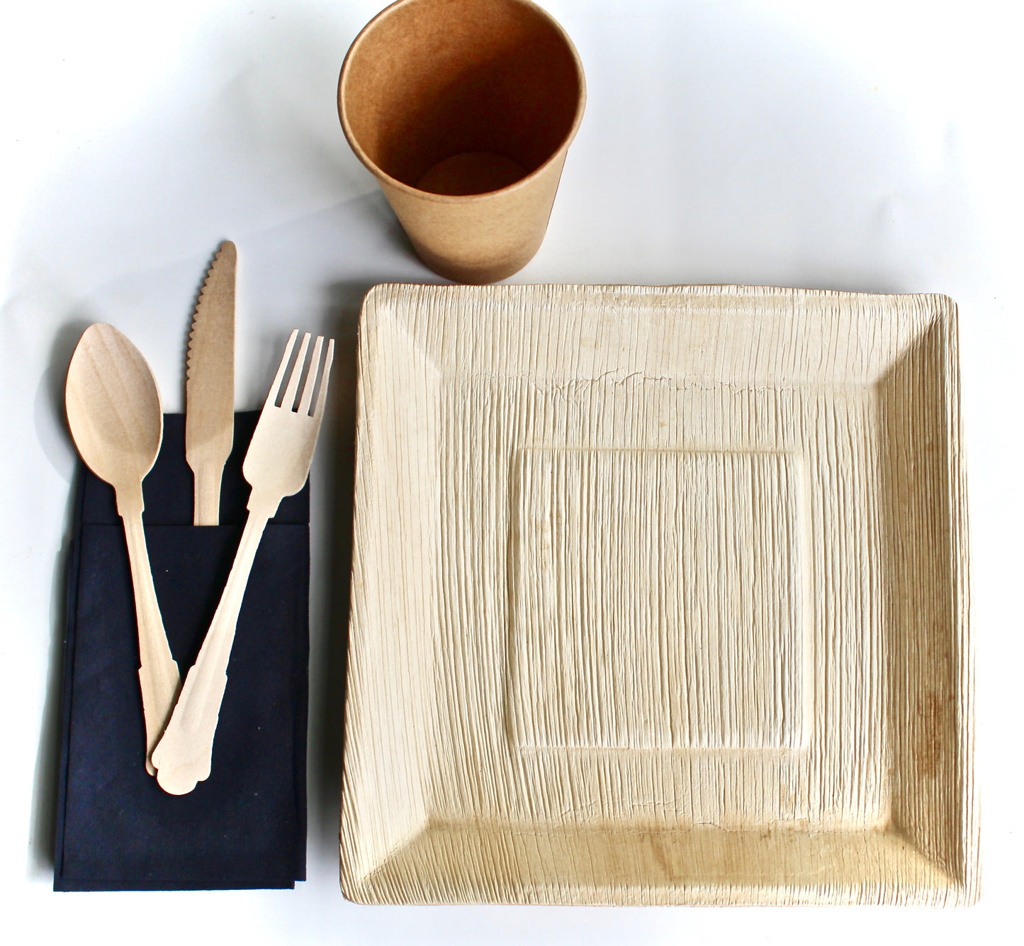 Complete Dining Set - 25 Deep Square Plates (10") + 25 Cups + 75 Wooden Utensils + 25 Napkins - 150pc