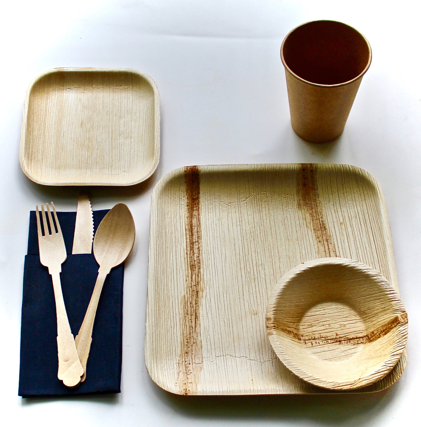 Complete Dining Set - 10 Square Plates (9.5") + 10 Bowls (5") + 10 Square Plates (6") + 10 Cups + 30 Utensils - 70pc - Biodegradable