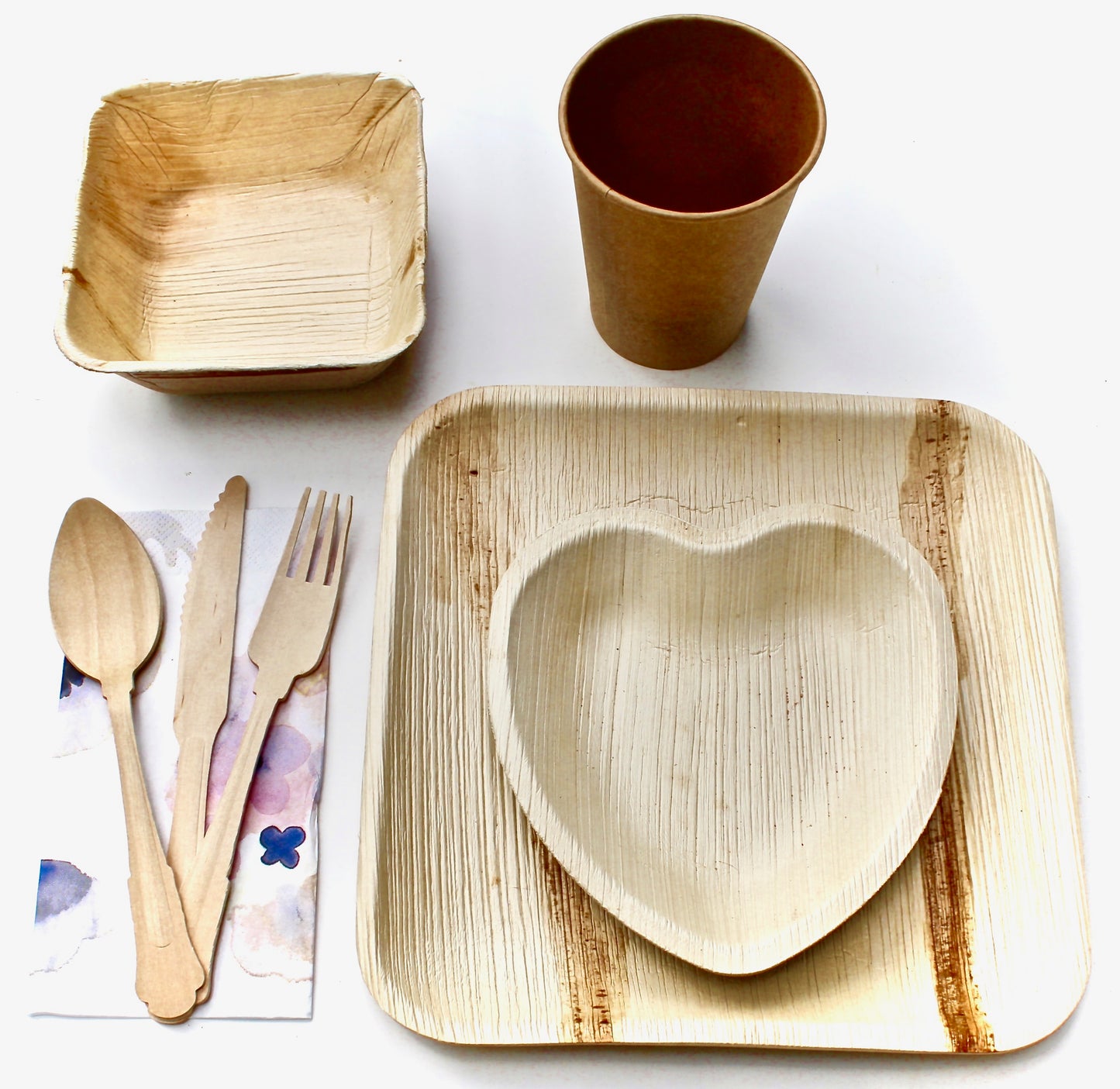 Dessert Plate & Utensil Set - 25 Heart Plates (6") + 75 Wooden Utensils - 100pc - Biodegradable