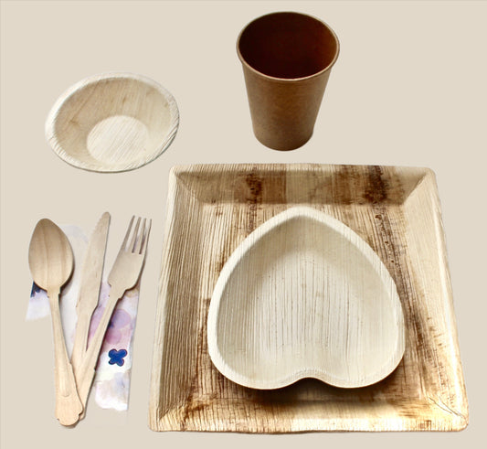 All-in-One Dining Bundle - 10 Deep Square (10") + 10 Hearts (6") + 10 Bowls (5") + 10 Cups + 30 Utensils + 20 Napkins - 100pc