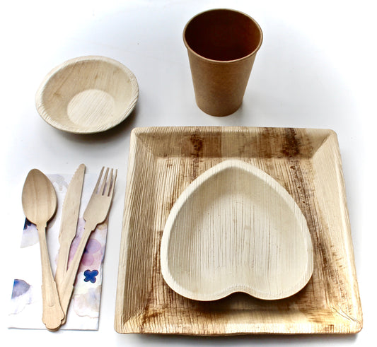 Complete Dining Set - 25 Round Plates (10") + 25 Heart Plates (6") + 25 Cups + 75 Wooden Utensils + 50 Napkins - 200pc - Biodegradable