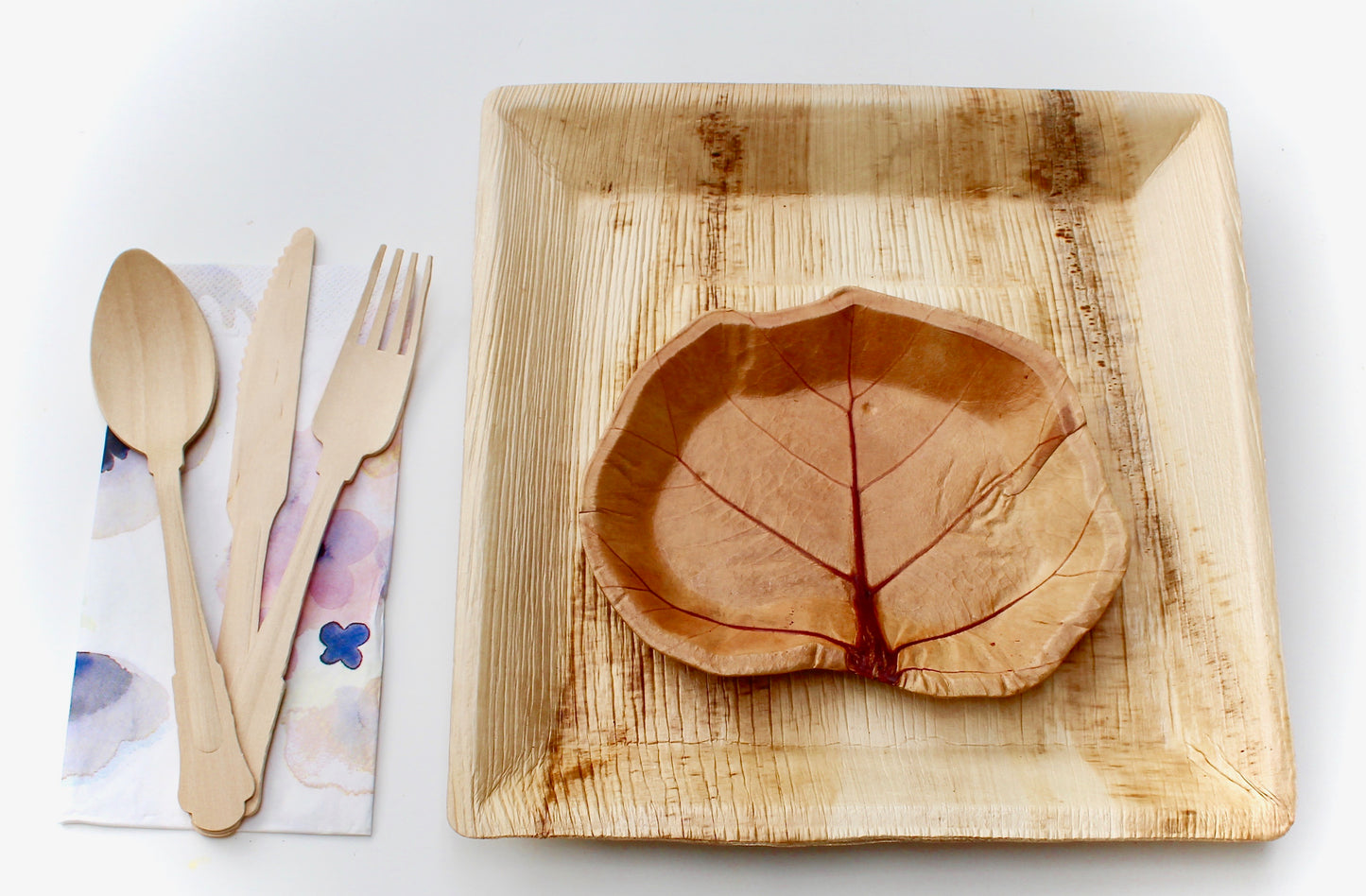 Large Mixed Material Bundle - 40 Deep Square Plates (10") + 40 Sea Grape Dessert Plates (7") + 90 Wooden Utensils + 40 Napkins - 210pc - Biodegradable