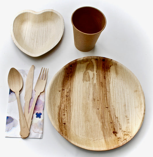 Complete Dining Set - 10 Round Plates (10") + 10 Heart Plates (6") + 10 Cups + 30 Wooden Utensils + 50 Napkins - 110pc - Biodegradable