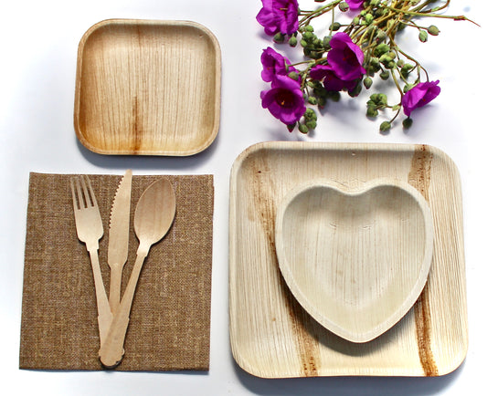 Bamboo Type Palm Leaf Plate 25 Square  10" - 25 Heart 6"- 25 Piece Square 6" - 30 Napkin  - 75 Piece Utensils - 25 Cup - 25 Piece Napkin