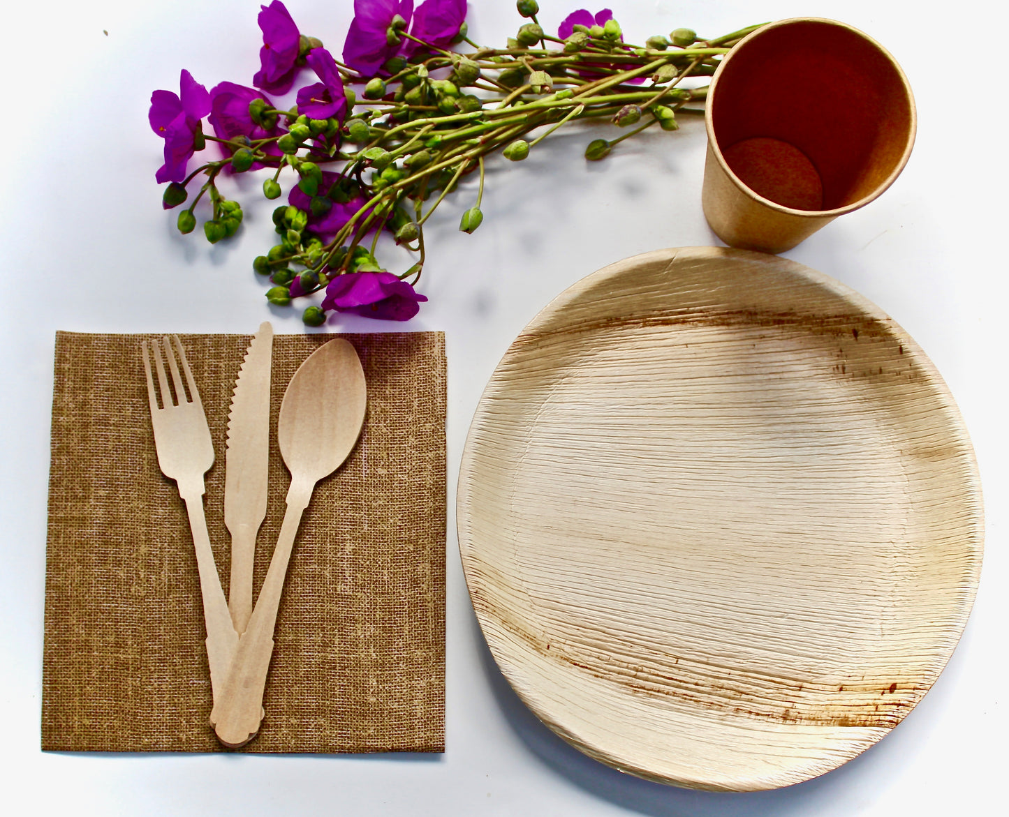 Complete Dining Bundle - 10 Round Plates (10") + 10 Paper Cups + 30 Wooden Utensils + 20 Napkins - 70pc - Biodegradable
