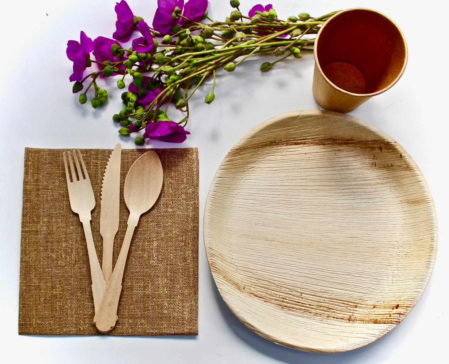 Bamboo Type Palm Leaf Plates 25 Piece 10" Round - 25 Piece Cup Paper 75 Piece Cutlery and 30 Piece Napkin
