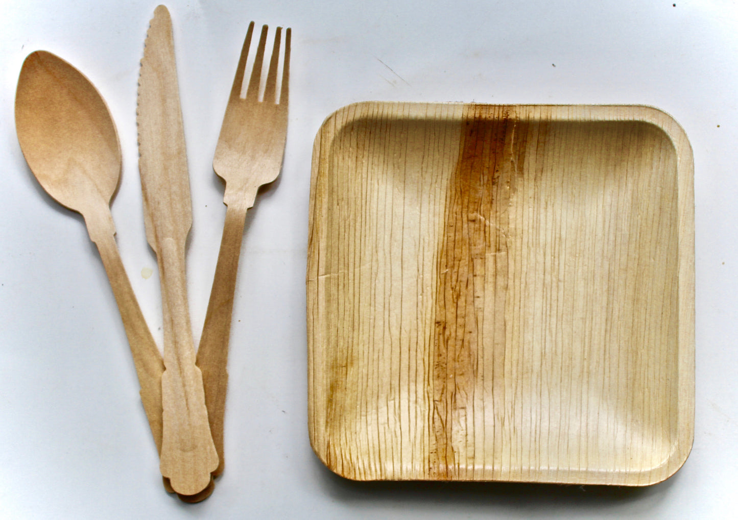Dessert Plate & Utensil Set - 25 Square Plates (6") + 75 Wooden Utensils (Forks, Spoons, Knives) - 100pc - Biodegradable
