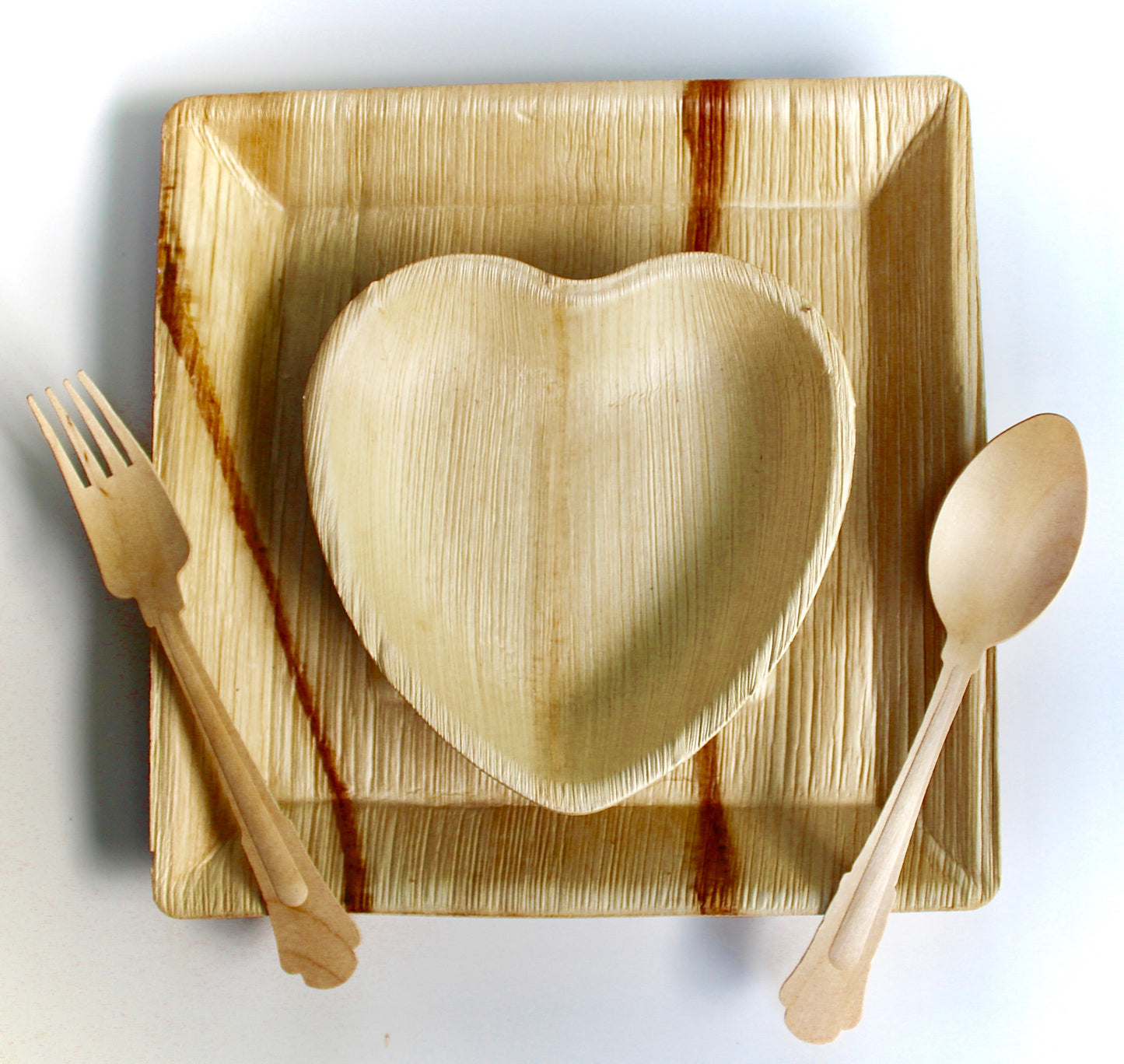 Mixed Shape Party Set - 25 Deep Square Plates (10") + 25 Heart Plates (6") + 75 Wooden Utensils - 125pc