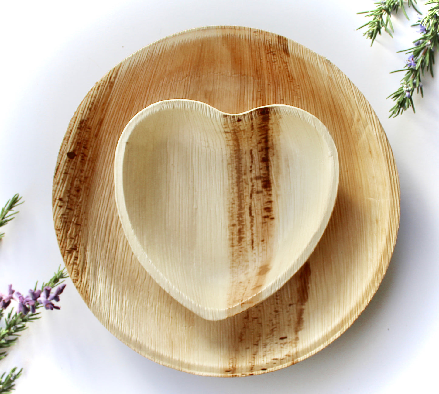 Palm Leaf Plate Mix - 25pc Round (10") + 25pc Heart (6") - 50 Total
