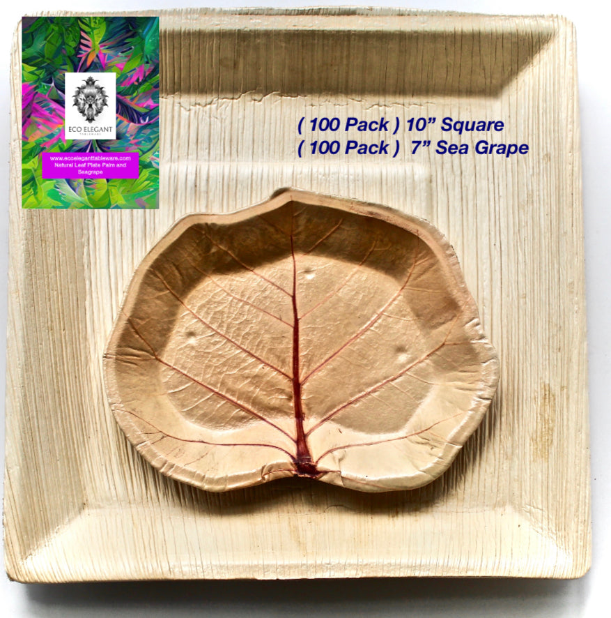 Mixed Size Palm Leaf & Sea Grape Plate Set - 100 Plates (10") + 100 Plates (7") - 200pc - Biodegradable