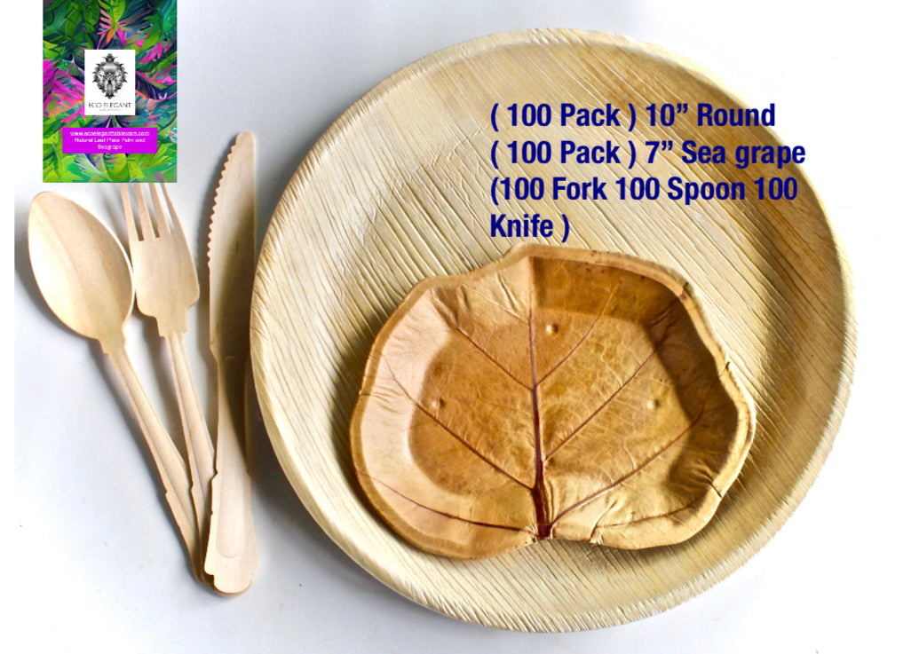 Complete Dessert Set - 100 Round Plates (10") + 100 Sea Grape Plates (7") + 300 Wooden Utensils (100 Forks + 100 Spoons + 100 Knives) - 500pc - Biodegradable