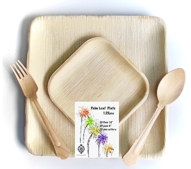 Complete Dining Set - Palm Leaf Square Plates (10") + Square Plates (6") + Wooden Forks, Spoons & Knives