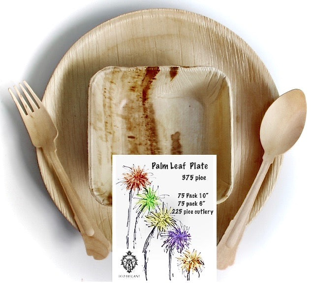 Complete Dining Set - Palm Leaf Square Plates (10") + Bowls (6") + Wooden Forks, Spoons & Knives