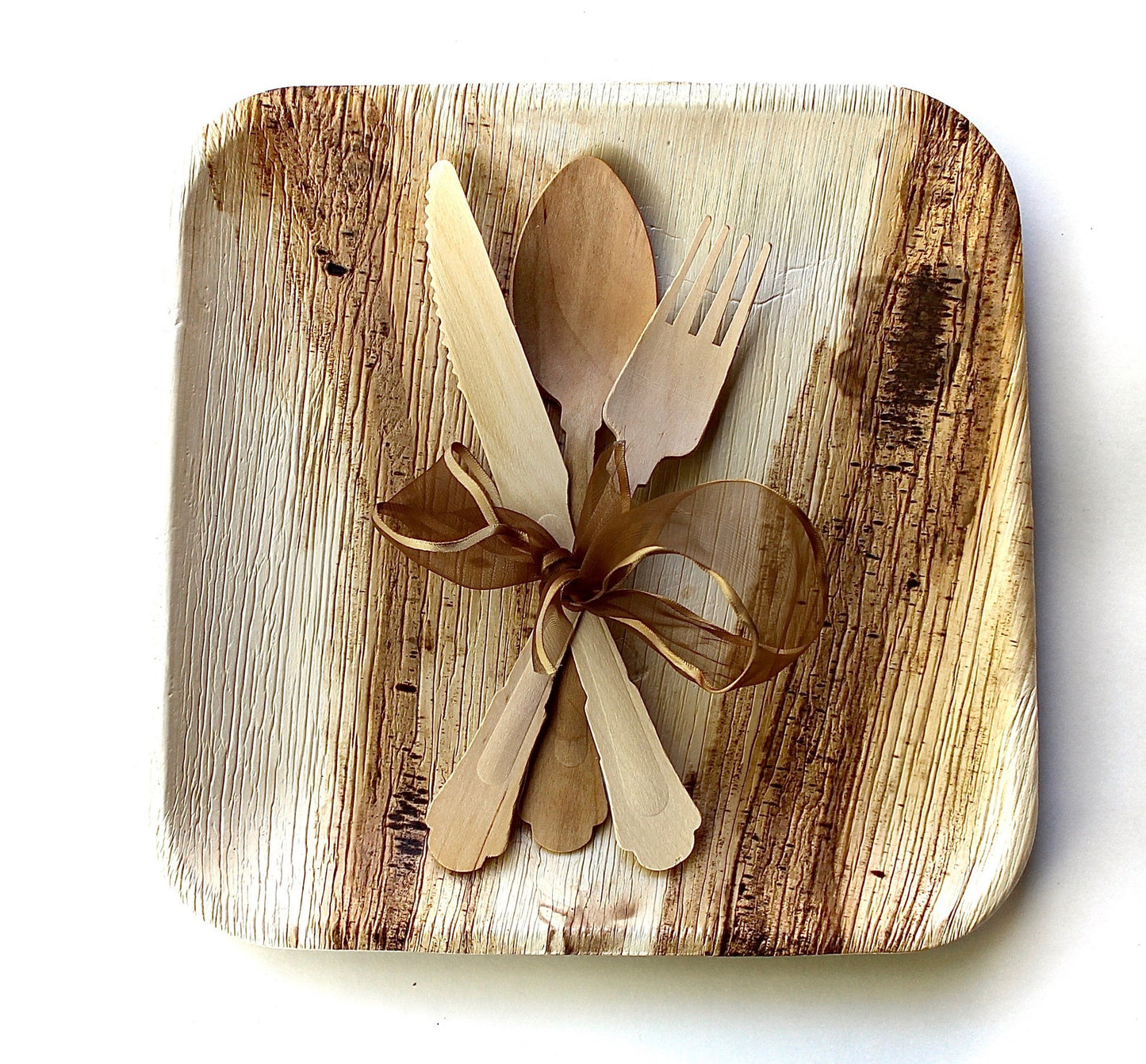 Large Event Bundle - 100 Palm Leaf Square Plates (10") + 300 Wooden Utensils - Perfect for Desserts & Appetizers - 400pc