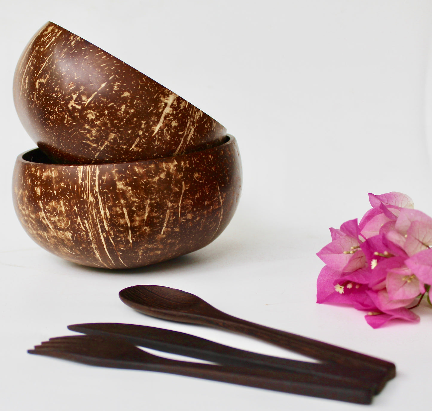 Coconut Bowl & Utensil Set - 2 Shells + 2 Forks + 2 Spoons - 6pc - Zero Waste