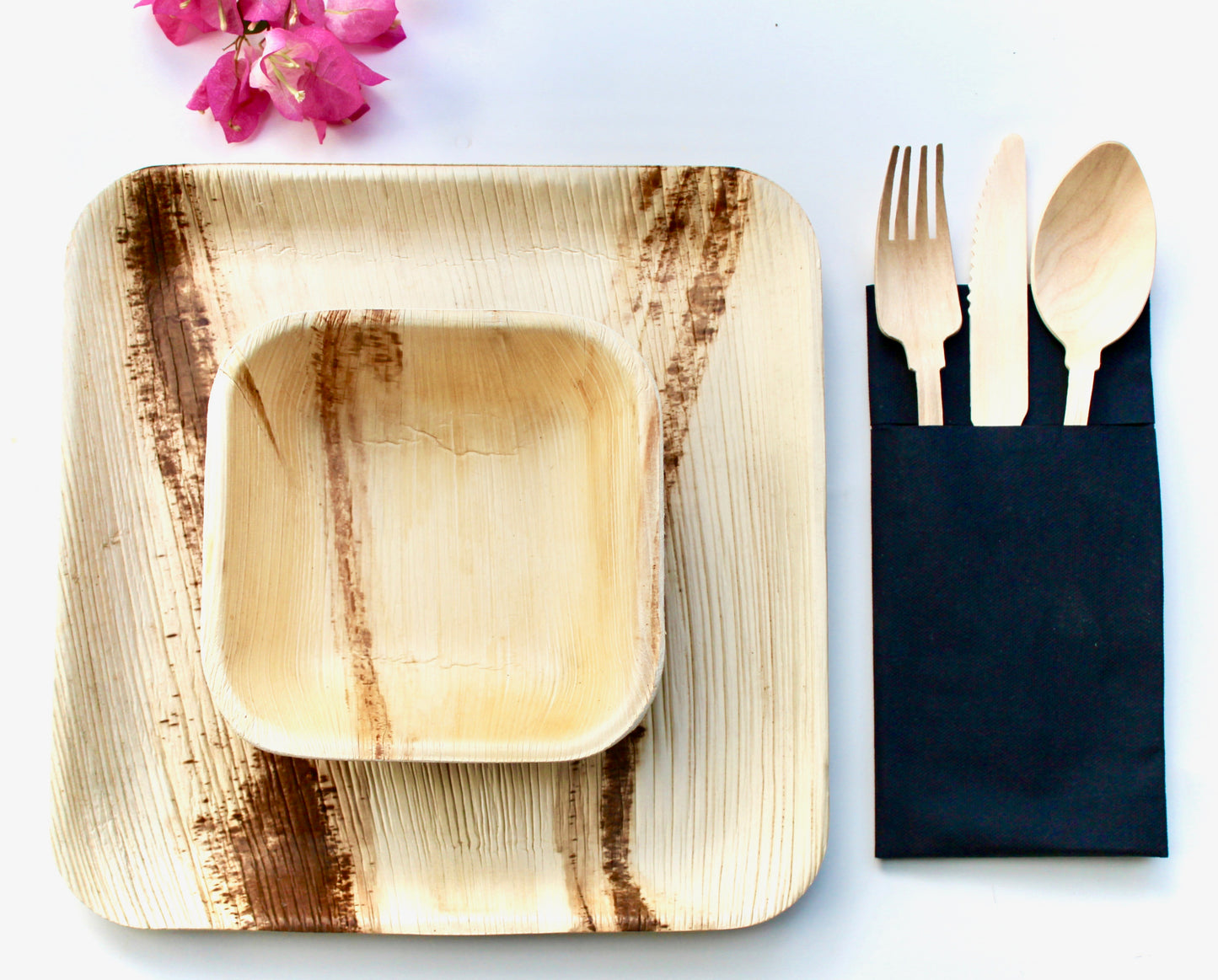 Mixed Square Plate & Bowl Set - 10 Square Plates (9.5") + 10 Square Bowls (6") + 30 Wooden Utensils + 10 Napkins - 70pc - Biodegradable