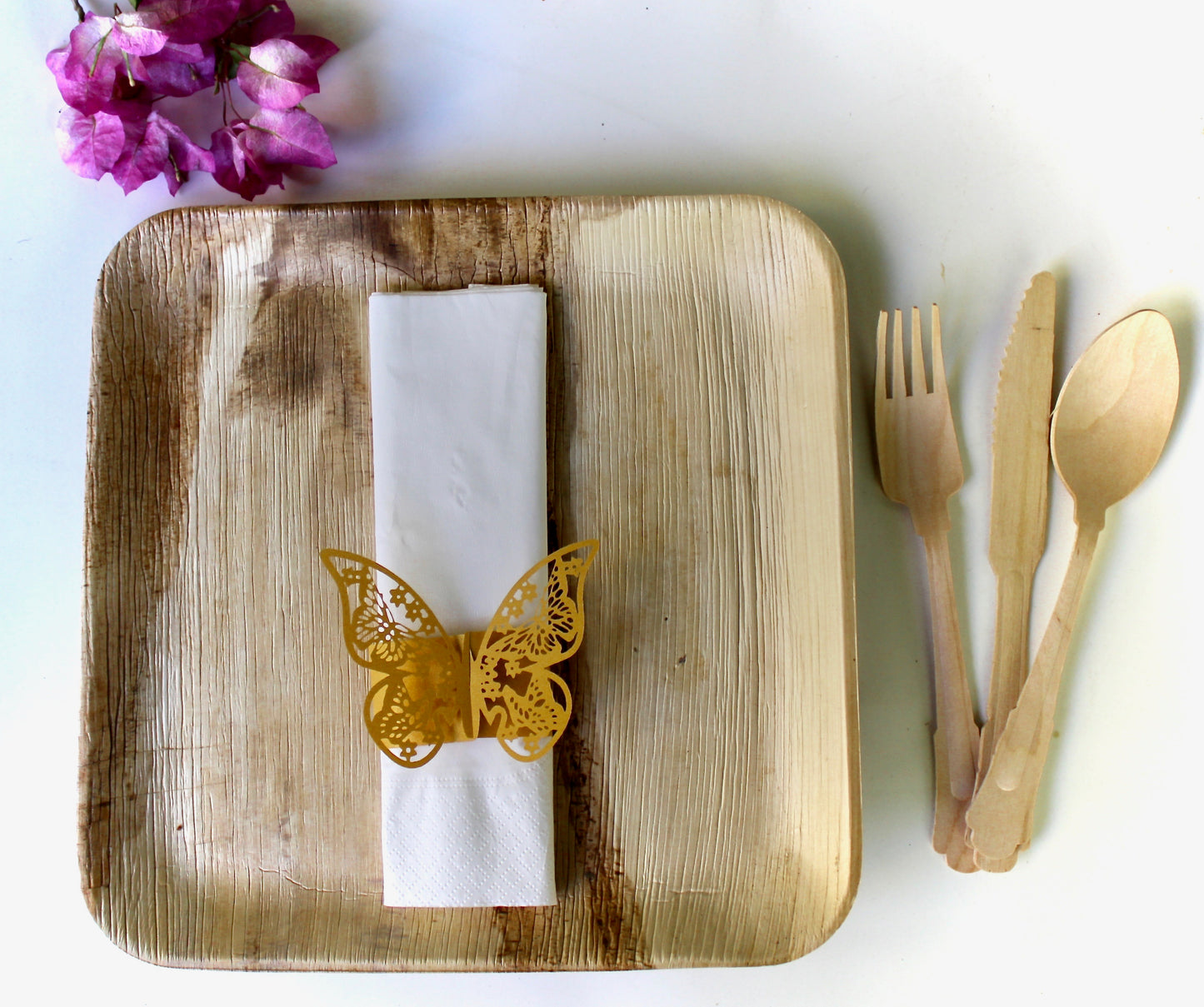 Decorative Plate Set - 10 Square Plates (9.5") + 10 3D Butterfly Decorations + 30 Utensils + 10 Napkins - 60pc - Biodegradable