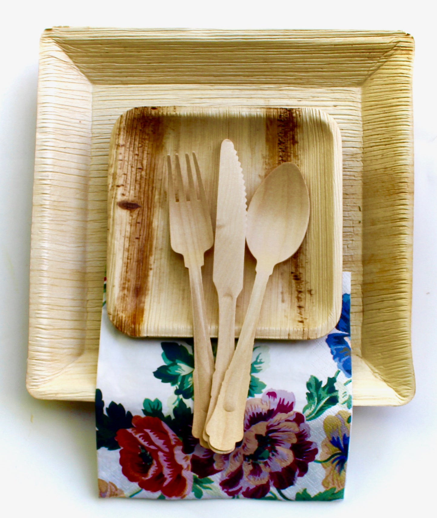 Mixed Square Plate Set - 10 Deep Square Plates (10") + 10 Square Plates (6") + 30 Wooden Utensils + 20 Napkins - 70pc - Biodegradable