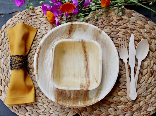 Disposable palm leaf round plate Natural Sustainable 25  pices 10" and 25 pices 6" Square Bowl and 75 pic cutlery for weeding and event