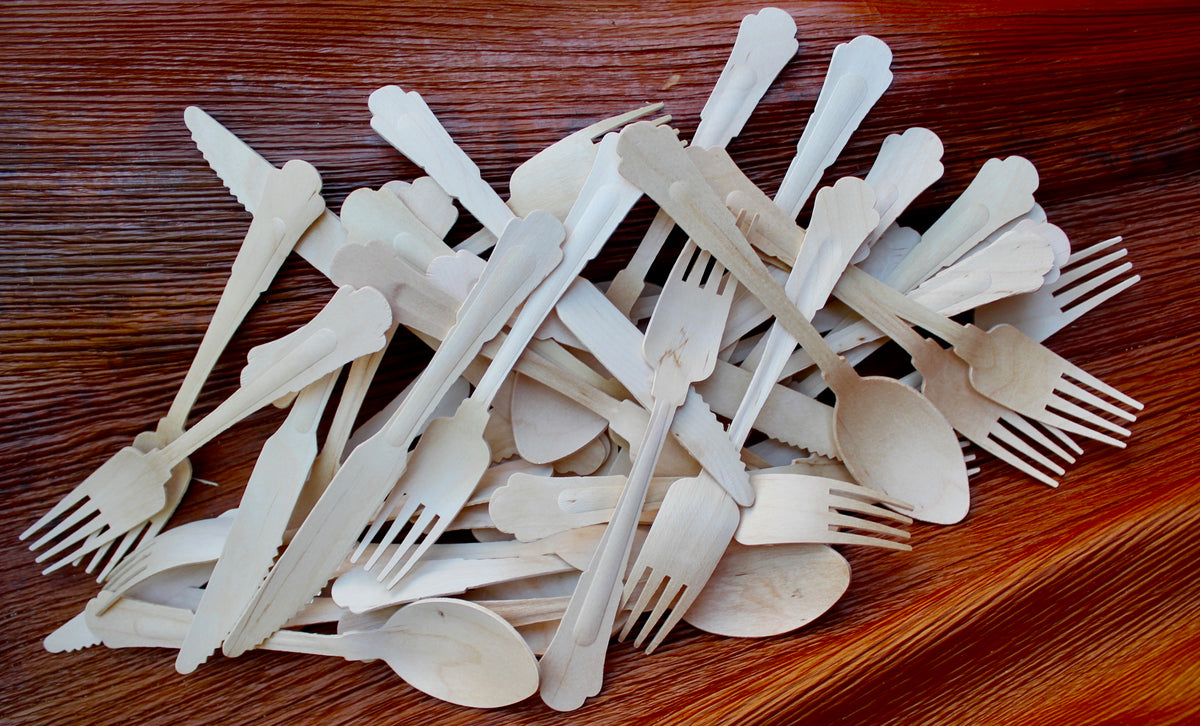Wooden Birch Utensil Set - 100pc Total (Fork, Knife, Spoon) - Biodegradable