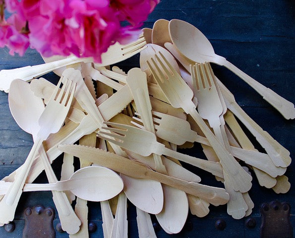 Eco Friendly Disposable 100 Piece Each Fork - Knife - Spoon - Wooden Birch Utensils - For Events & Parties - Disposable - Compostable - Biodegradable