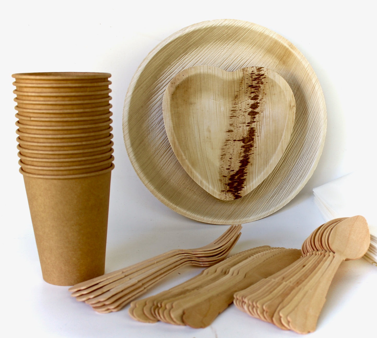 Bamboo type Palm leaf plate 25 Square  10" - 25 Heart 6"- 25 pic Square 6"- 30 napkin  - 75 Pic Utensils - 25 Coup - 25 pic napkin