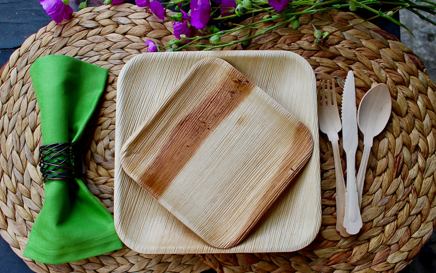 Bamboo Type Palm Leaf 25 Pic 10"Square  - 25 pice Square deep  6"- 25  pic  cup  - 75 pic Cutlery - 50 Pic Napkin