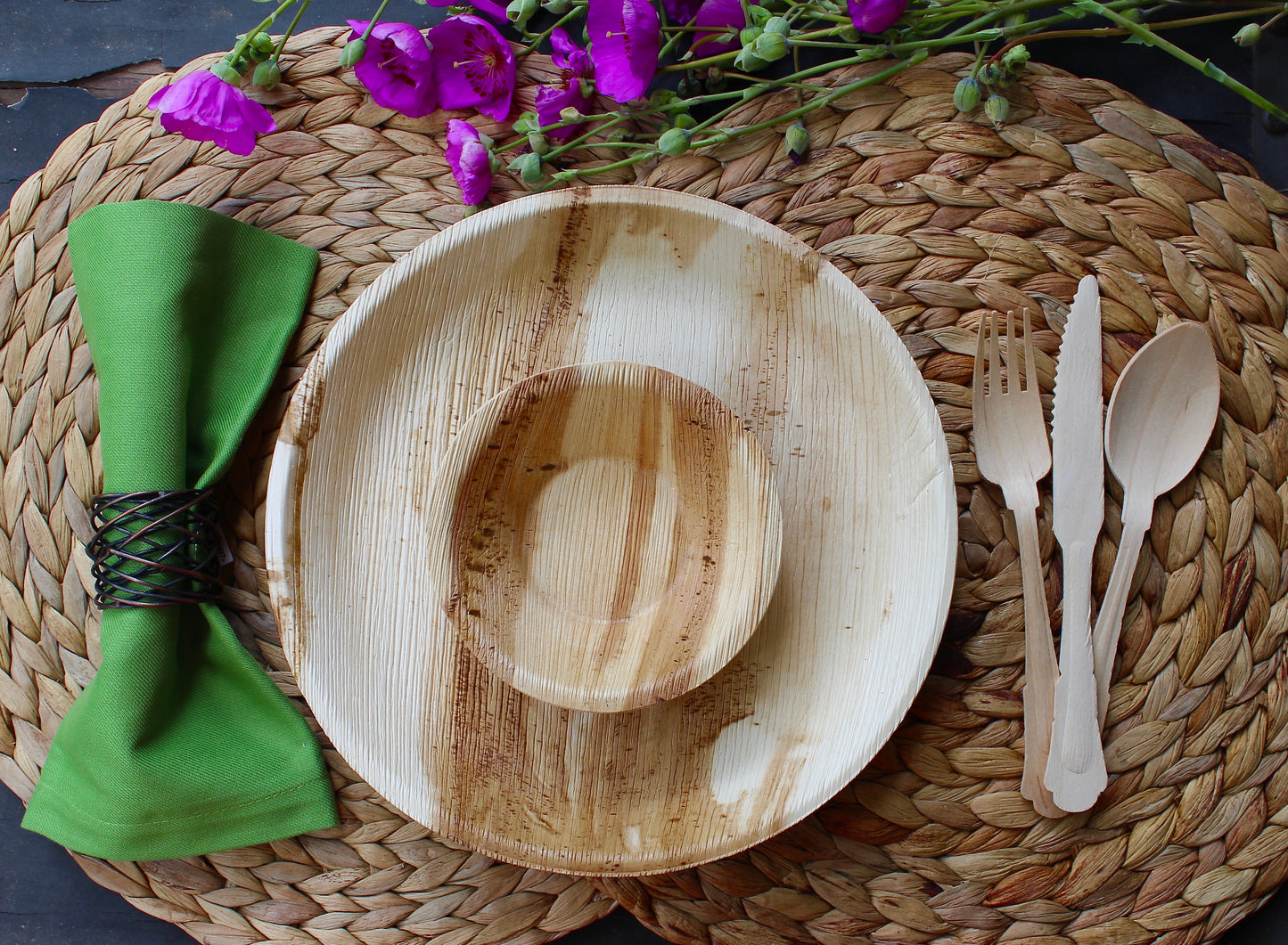 Disposable palm leaf round plate Natural Sustainable 10 pices 10" and 10 pices 6" Square Bowl and 30 pic cutlery for weeding and event