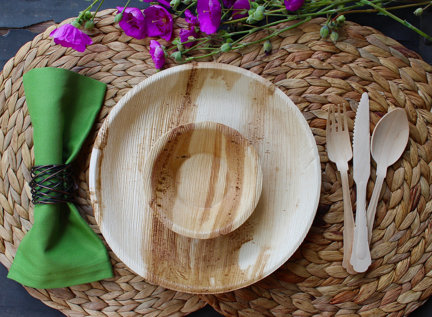 Disposable palm leaf round plate Natural Sustainable 10 pices 10" and  10 pices 5"Bowl - 10 Pic Square 6" and 30 pic cutlery for weeding and event