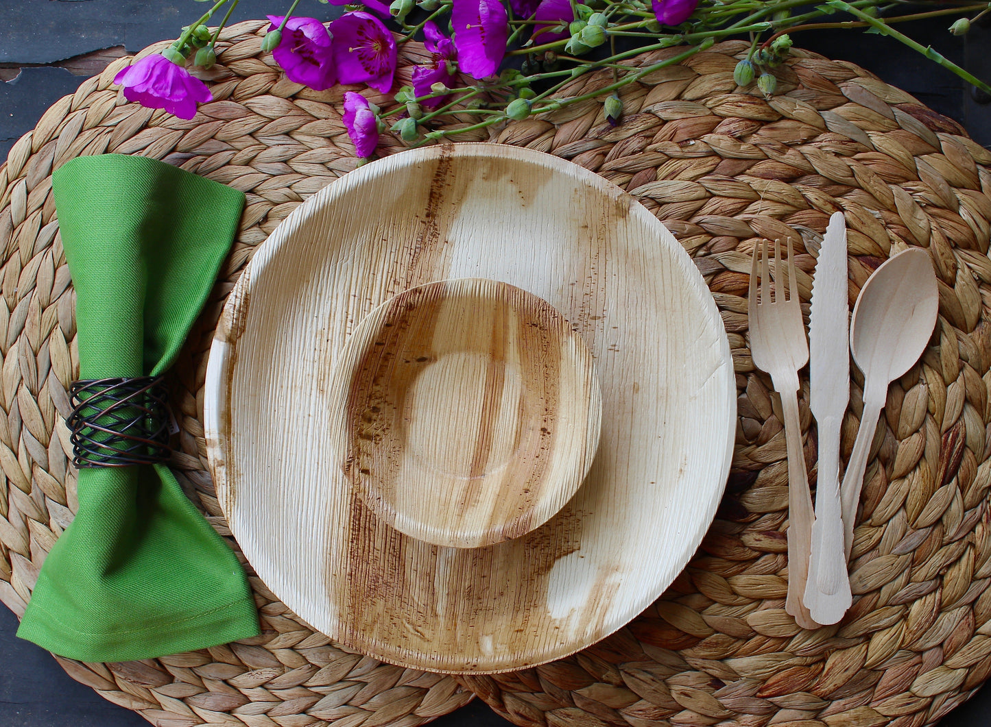 Eco Friendly Disposable Palm Leaf Round Plate Natural Sustainable 10 Piece 10" and 10 Piece 5" Bowl - 10 Piece Square 6" and 30 Piece Cutlery - For Events & Parties - Disposable - Compostable - Biodegradable