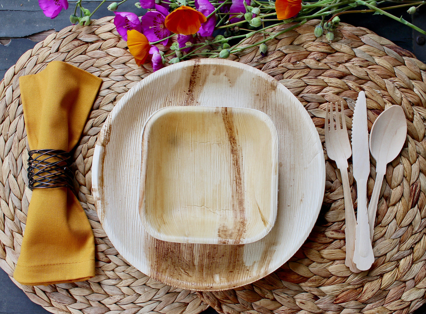 Eco Friendly Disposable Palm Leaf Round Plate Natural Sustainable 10 Piece 10" and 10 Piece 5" Bowl - 10 Piece Square 6" and 30 Piece Cutlery - For Events & Parties - Disposable - Compostable - Biodegradable