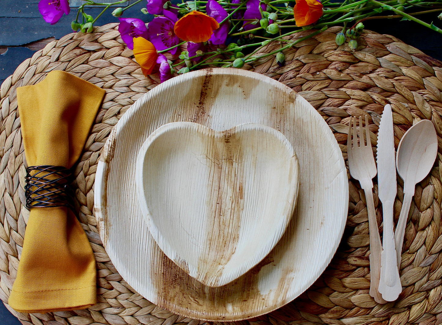 Eco Friendly Bamboo Type Palm Leaf Plate Round 10" Bowl 6" and Fork - Spoon - Knife - For Events & Parties - Disposable - Compostable - Biodegradable