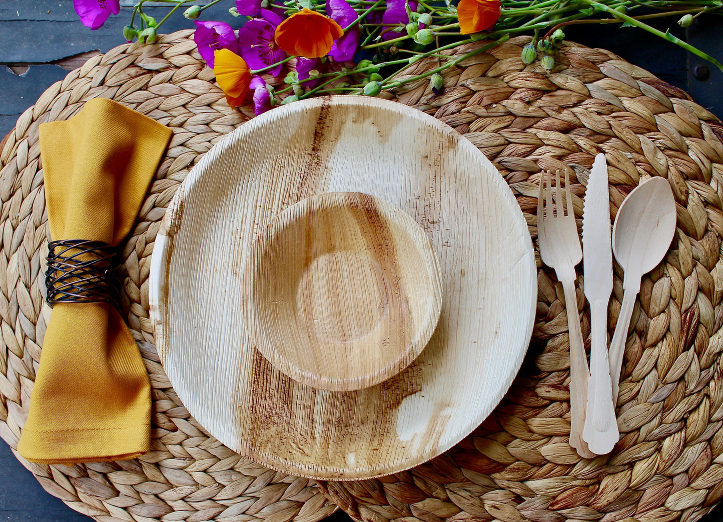 Disposable palm leaf round plate Natural Sustainable 10 pices 10" and  10 pices 5"Bowl - 10 Pic Square 6" and 30 pic cutlery for weeding and event