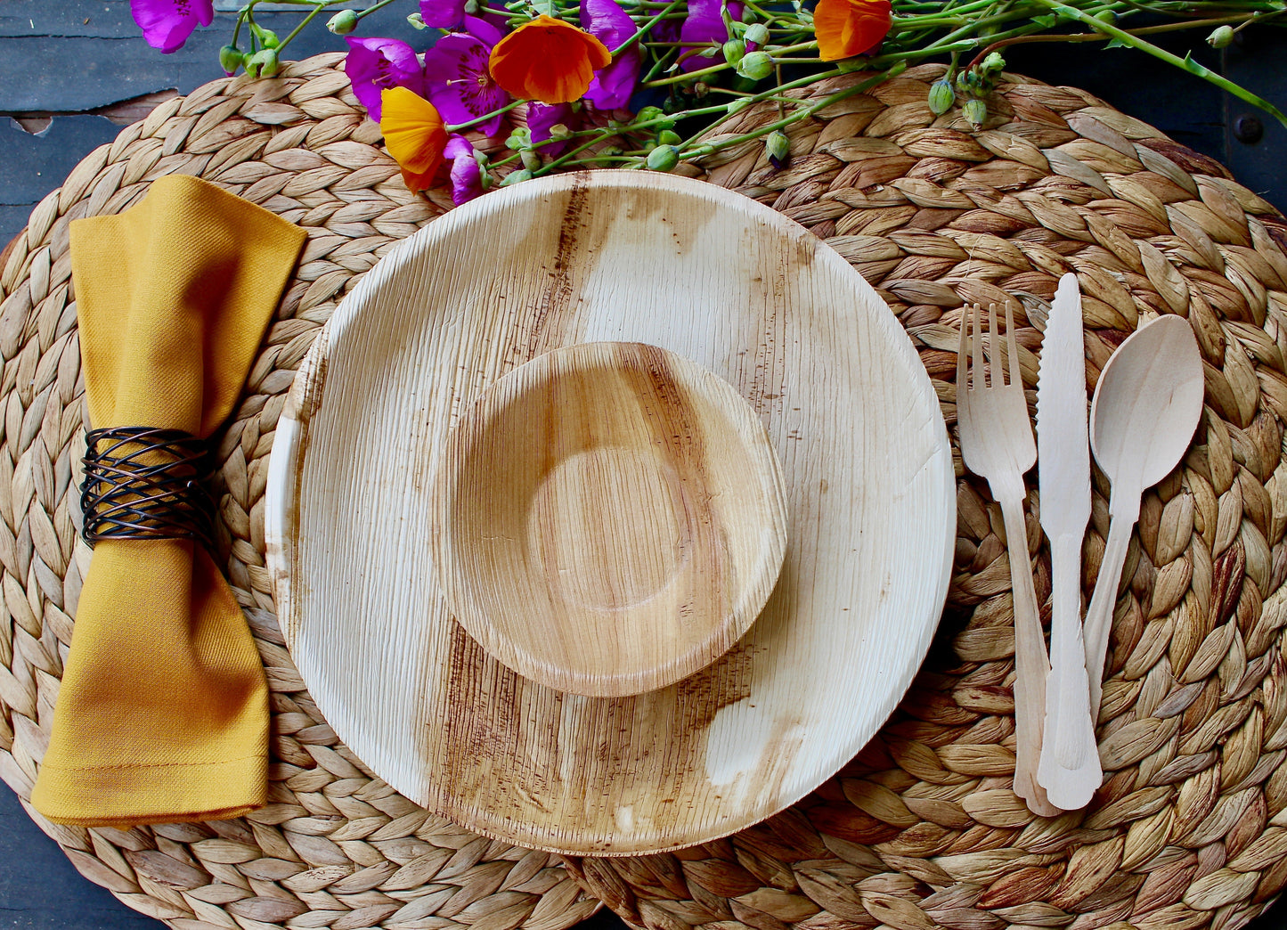 Eco Friendly Disposable Palm Leaf Round Plate Natural Sustainable 10 Piece 10" and 10 Piece 5" Bowl - 10 Piece Square 6" and 30 Piece Cutlery - For Events & Parties - Disposable - Compostable - Biodegradable