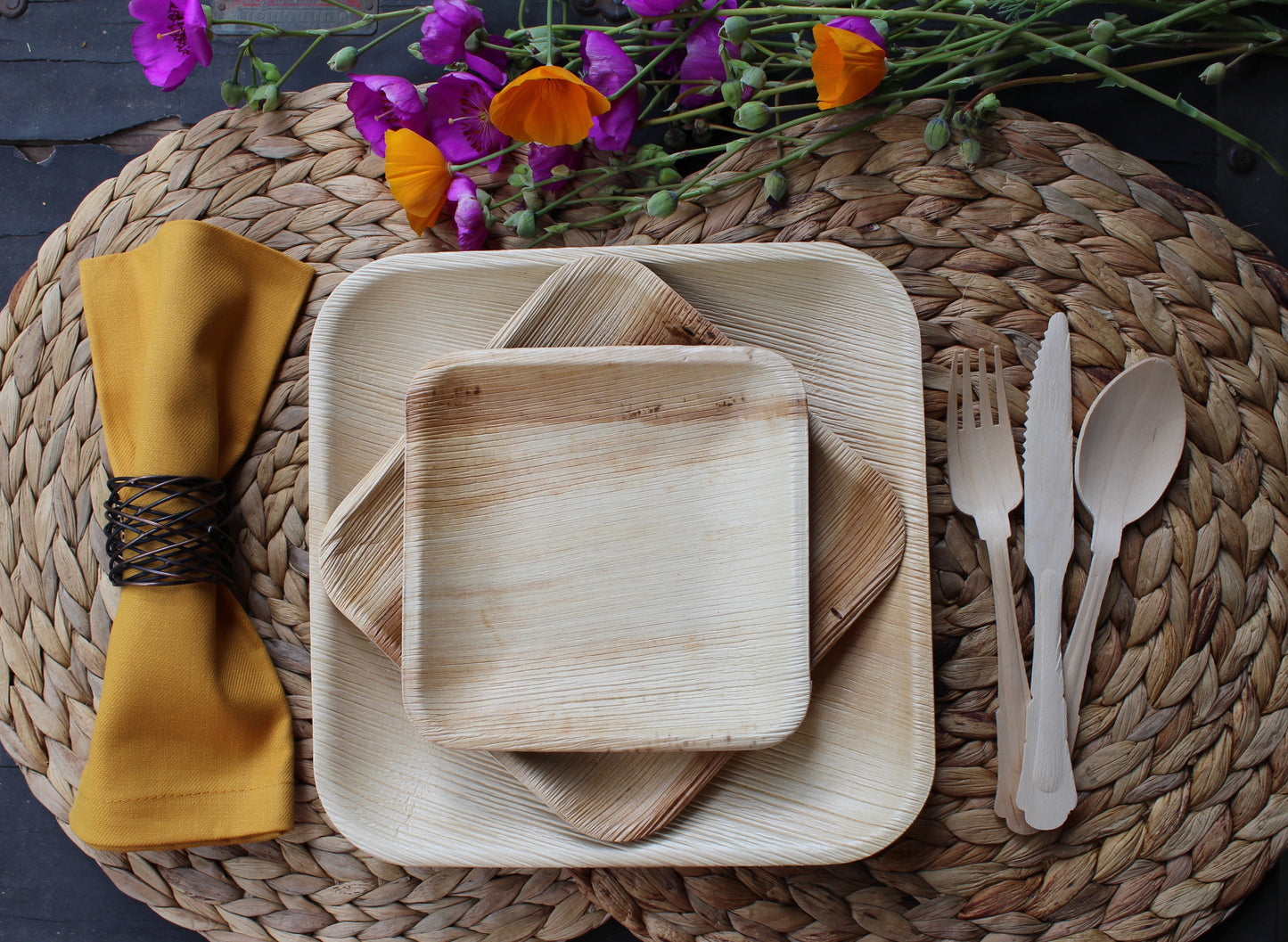 Eco Friendly Palm Leaf Plates 25 Piece 9.5" and 25 Piece 5" Bowl 25 Piece Fork and 25 Piece Knife - For Events & Parties - Disposable - Compostable - Biodegradable