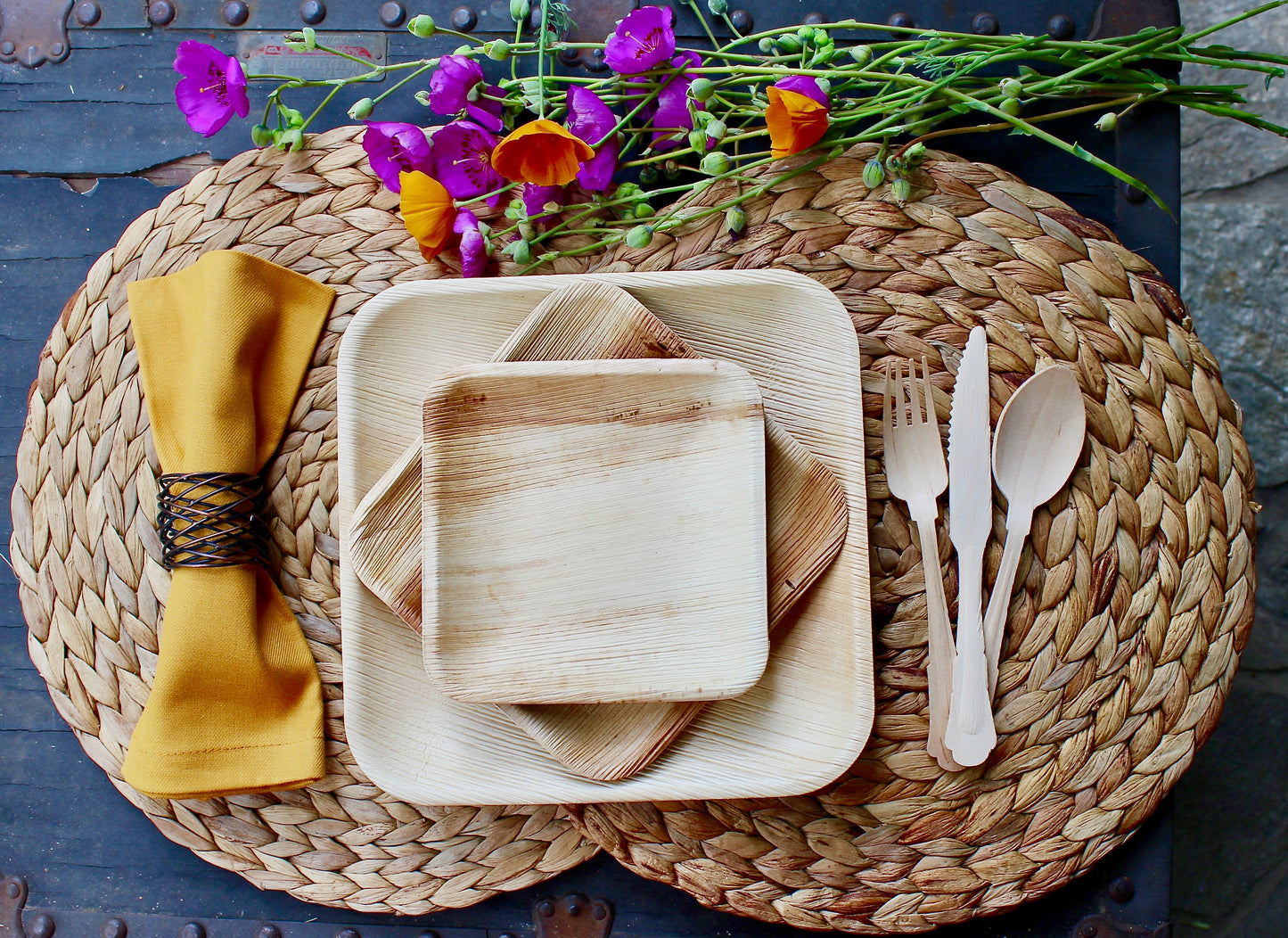 Eco Friendly Palm Leaf Plates 10 Piece 9.5" Square- 10 Piece Square Bowl 6"- 30 Piece Cutlery and 10 Piece Napkin - For Events & Parties - Disposable - Compostable - Biodegradable